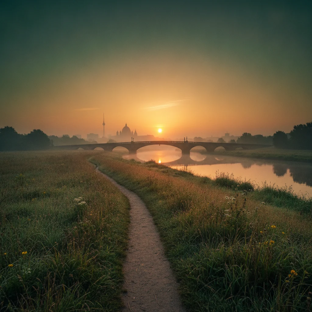 Sonnenaufgang über einem Weg, der über eine Brücke Richtung Berlin führt